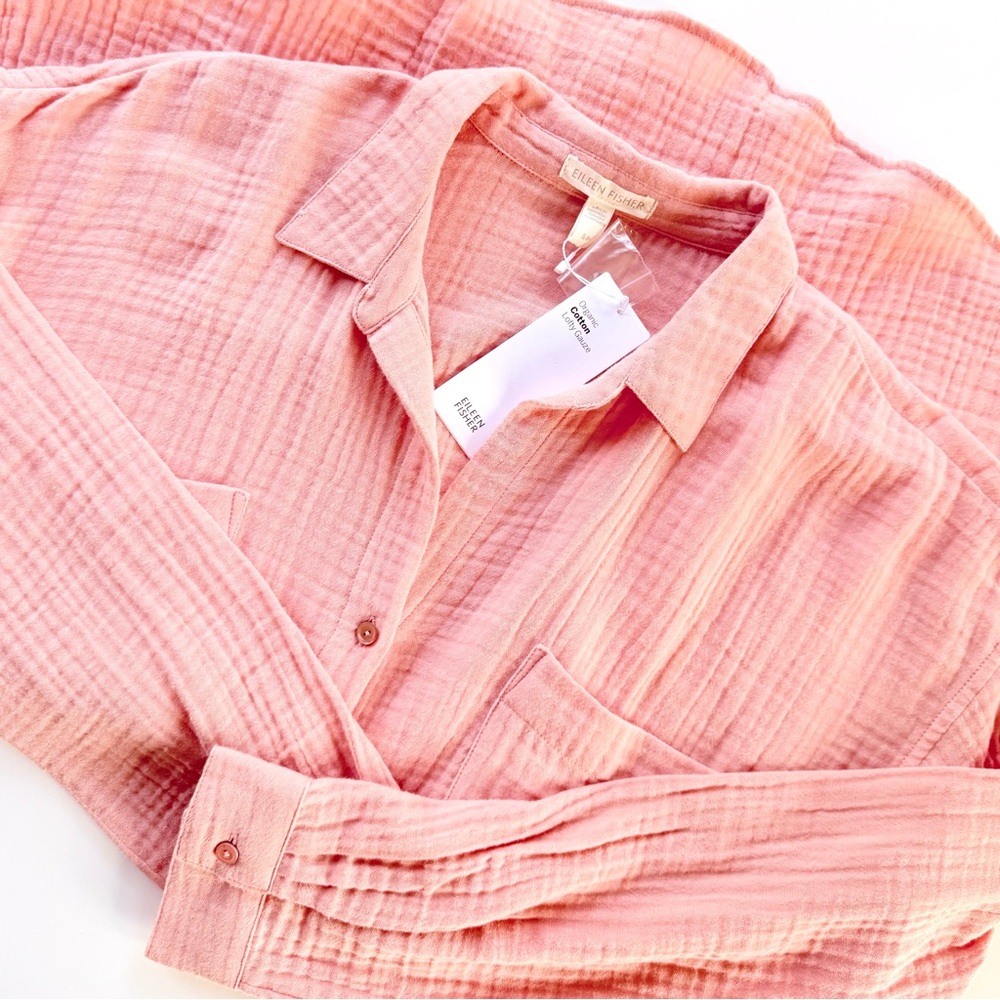 NWT Eileen Fisher Organic Cotton Lofty Gauze Classic Collar Button Shirt Peach S - Picture 7 of 15